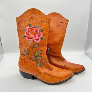 Orange Embroidered Ankle Boots